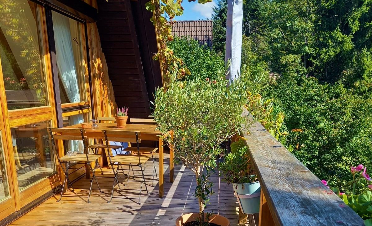 Holzterrasse mit Tisch, Stühlen und Pflanzen, umgeben von grünen Bäumen.