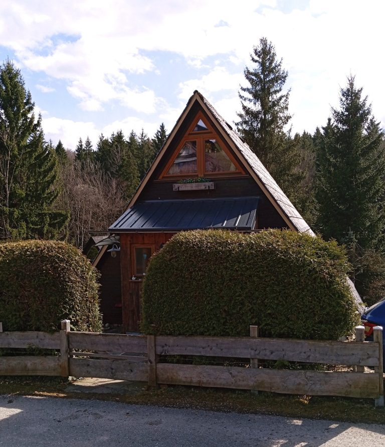Kleines, holzverkleidetes Haus mit dreieckigem Dach, umgeben von Bäumen und Sträuchern.
